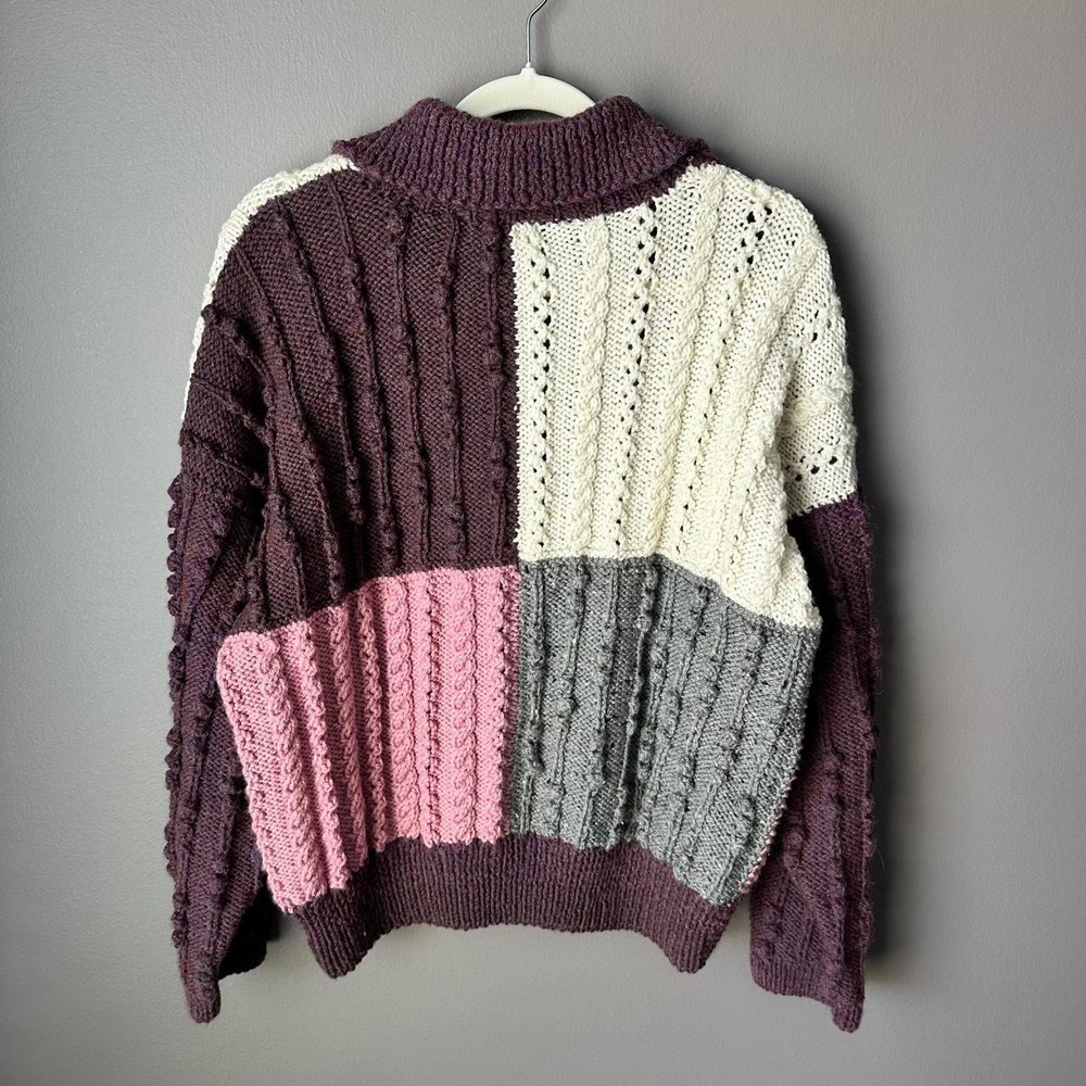 Vintage Handmade Cable Knit Sweater Womens L Purple Color Block - Picture 5 of 8